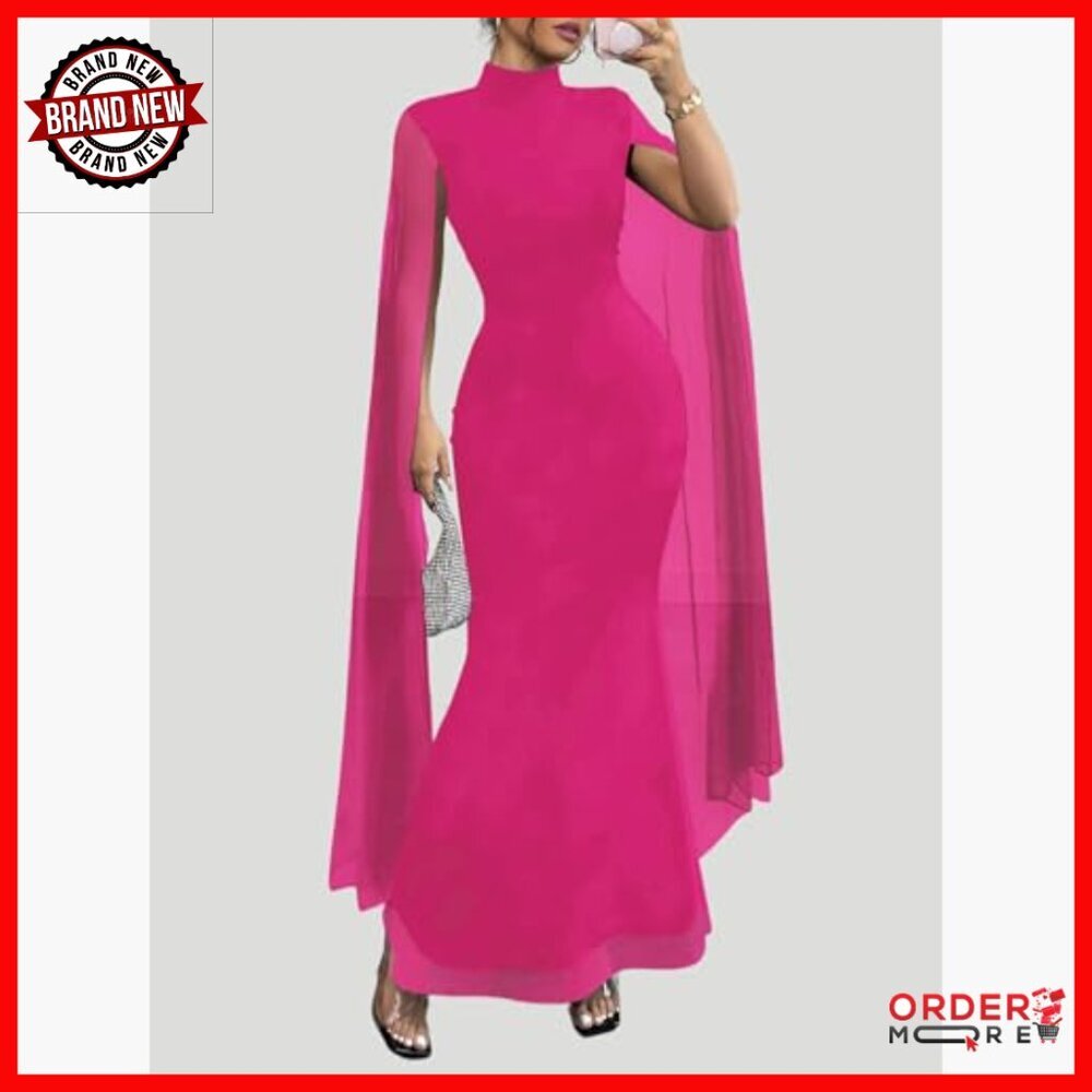 Formal Mock Neck Mesh Flare Sleeve Maxi Dress Bodycon Evening Gown - Picture 3 of 6